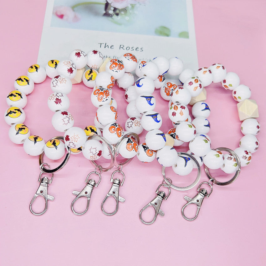 Wholesale Halloween Wooden Bead Bracelet Keychain